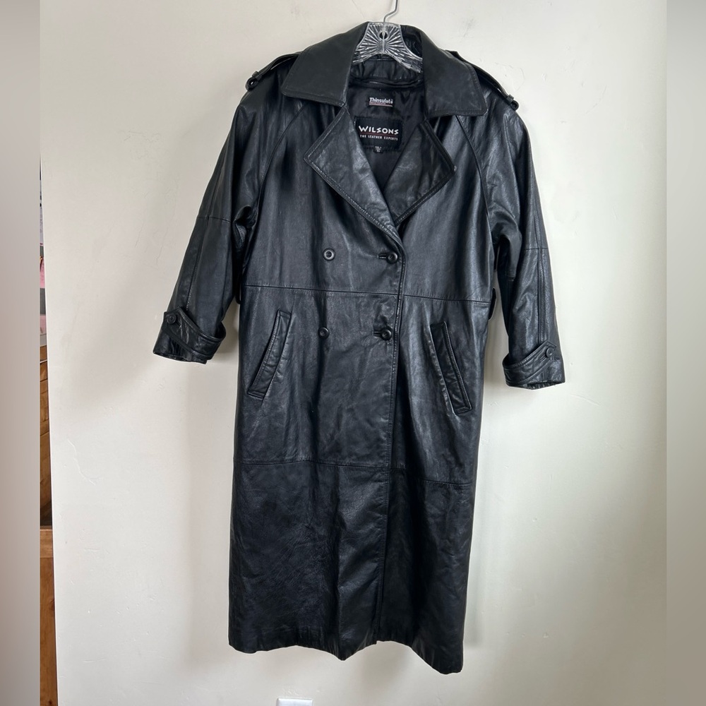 Wilsons Black 100% Leather Duster Long Coat Riding Hunting Trench XS Thinsulate